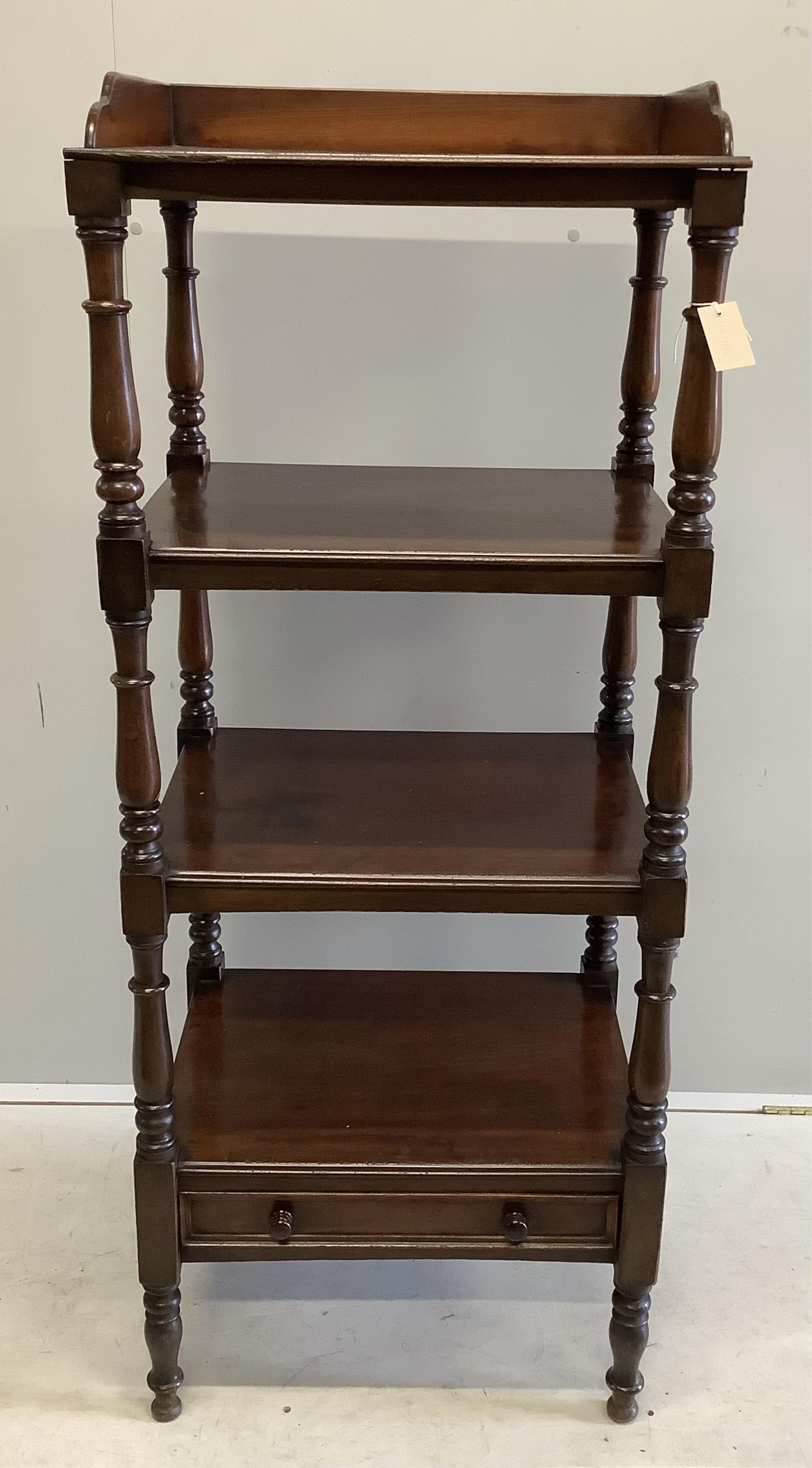 A Victorian mahogany four tier whatnot, width 60cm, depth 46cm, height 149cm. Condition - fair to good